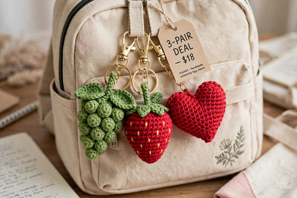 Handmade Crochet Keychains – Strawberry, Grapes & Heart | Cute Bag Charms