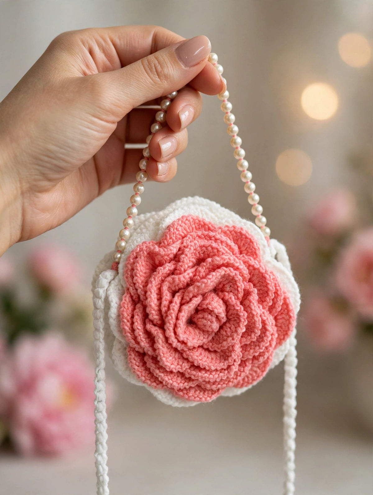 Handmade Pink Rose Crochet Bag – 8 Inch | Floral Pearl Handle Handbag for Women