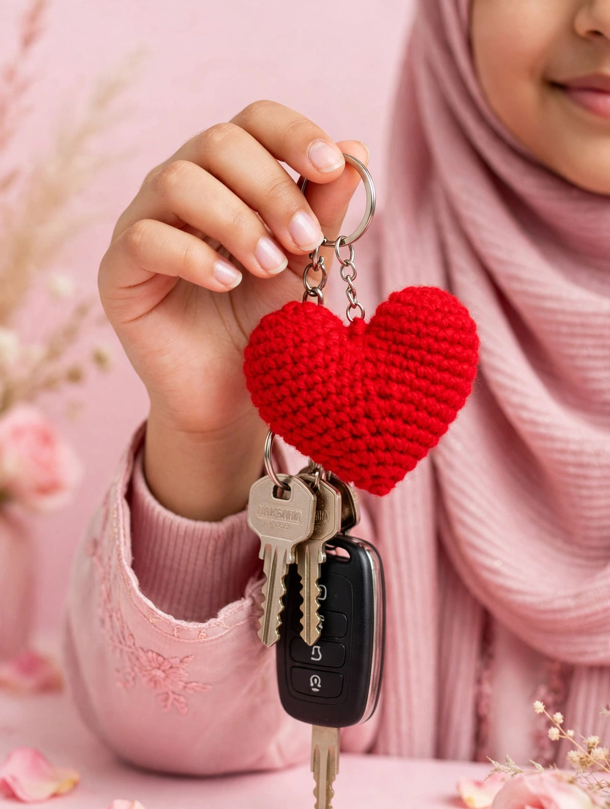 Handmade Red Heart Crochet Keychain – Cute 3D Heart Bag Charm for Women