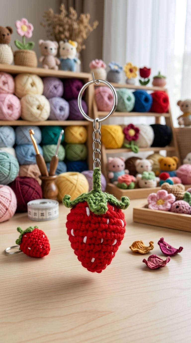 Handmade Strawberry Crochet Keychain – Cute Red Strawberry Bag Charm for Women