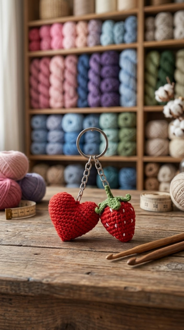 Handmade Strawberry & Heart Crochet Keychain – Cute Couple Bag Charm