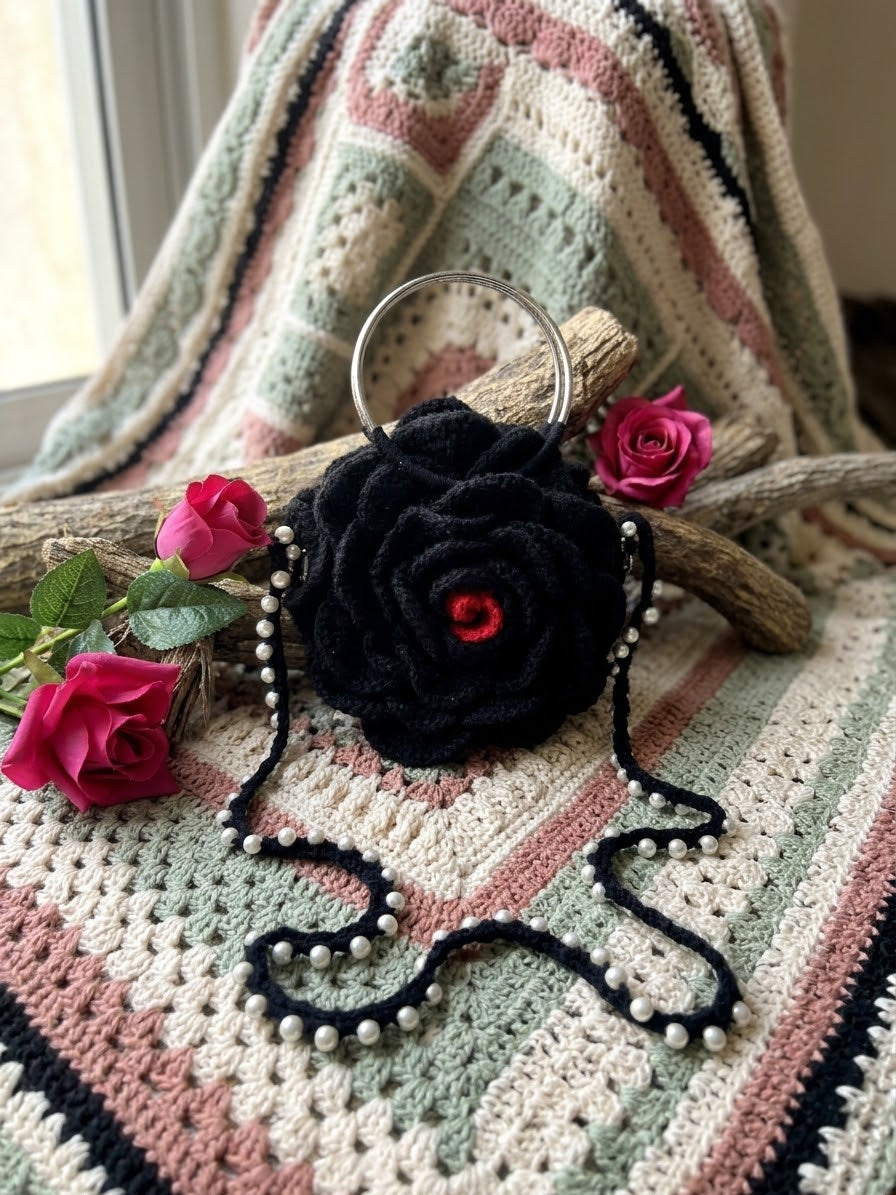 Handmade Black Rose Crochet Handbag – 8 Inch | Elegant Floral Mini Bag for Women