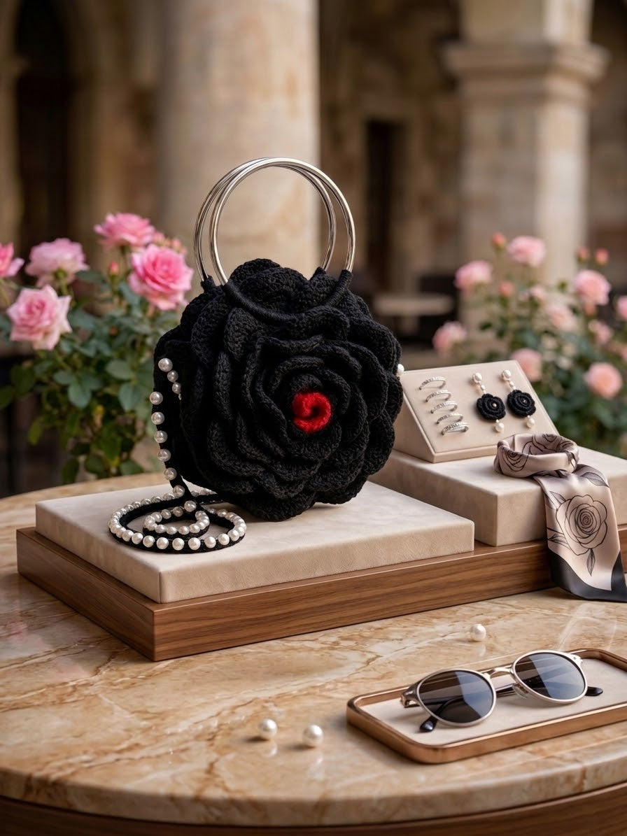 Handmade Black Rose Crochet Handbag – 8 Inch | Elegant Floral Mini Bag for Women