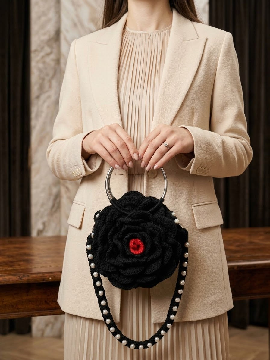 Handmade Black Rose Crochet Handbag – 8 Inch | Elegant Floral Mini Bag for Women
