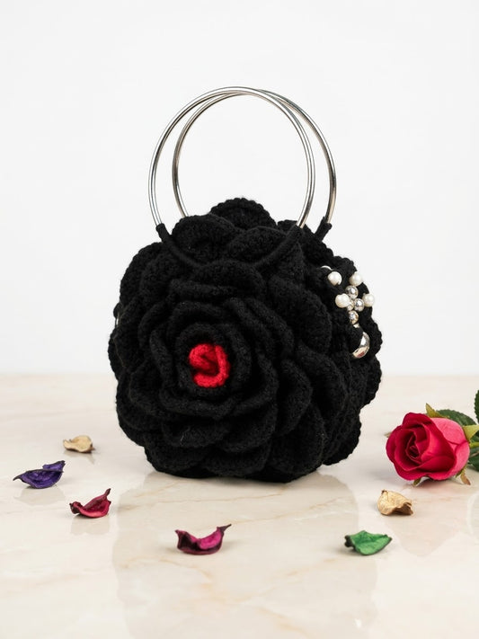 Handmade Black Rose Crochet Handbag – 8 Inch | Elegant Floral Mini Bag for Women