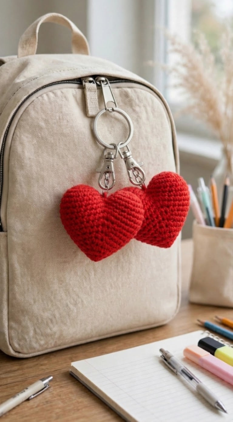 Handmade Double Heart Crochet Keychain – Cute Red Heart Bag Charm for Women