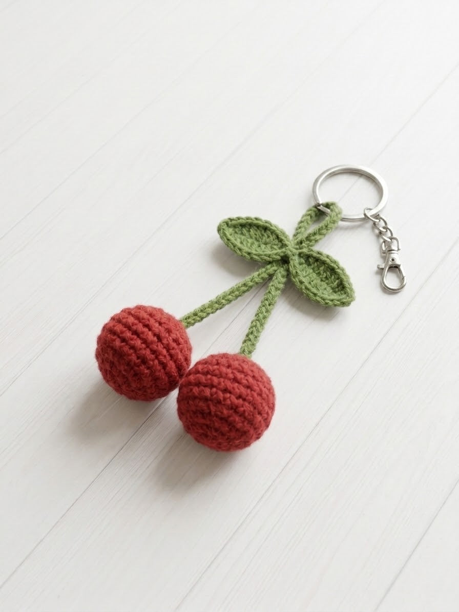 Handmade Cherry Crochet Keychain – Cute Red Cherry Bag Charm for Women