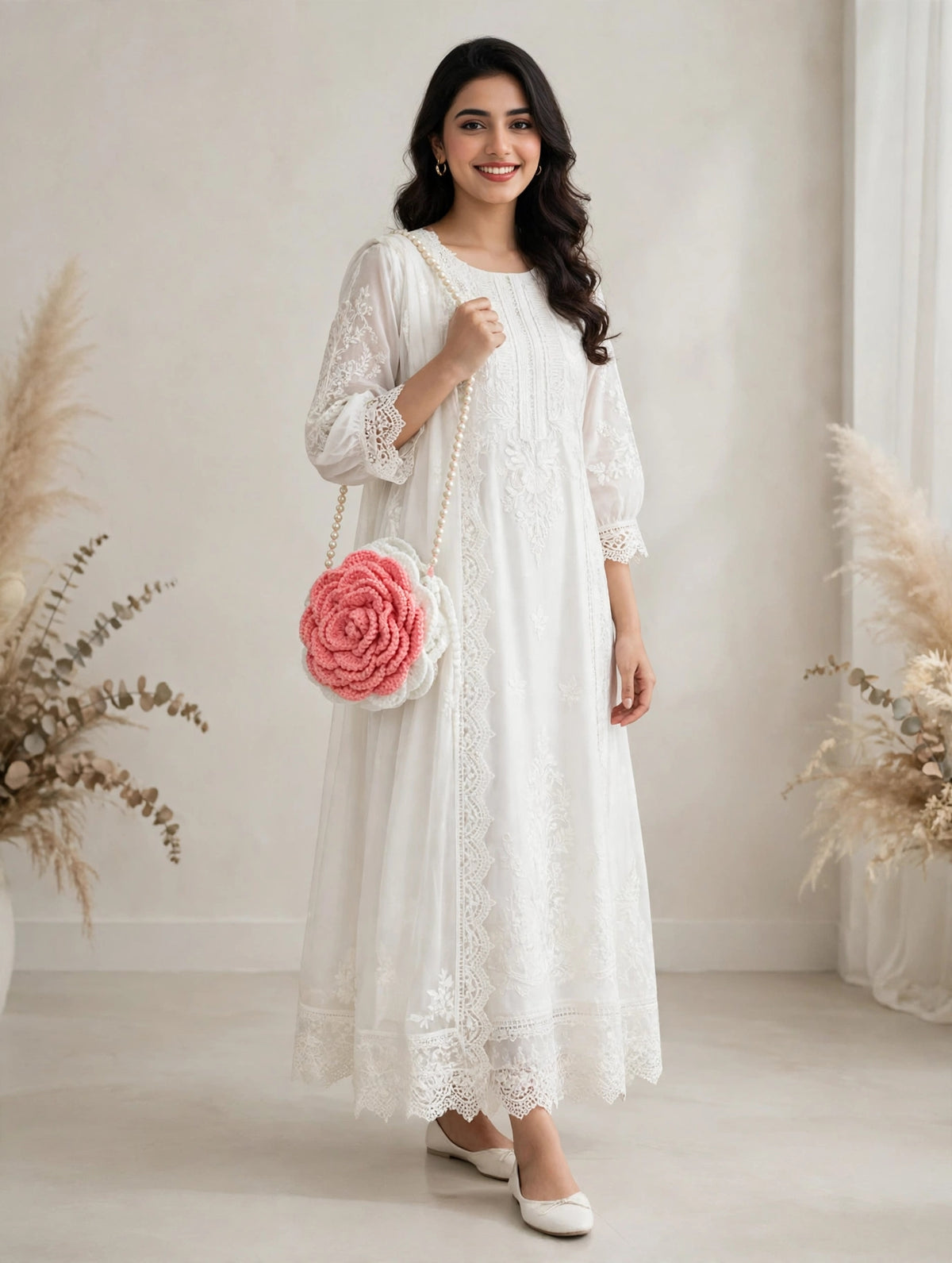 Handmade Pink Rose Crochet  Bag – 8 Inch | Floral Pearl Handle Handbag for Women