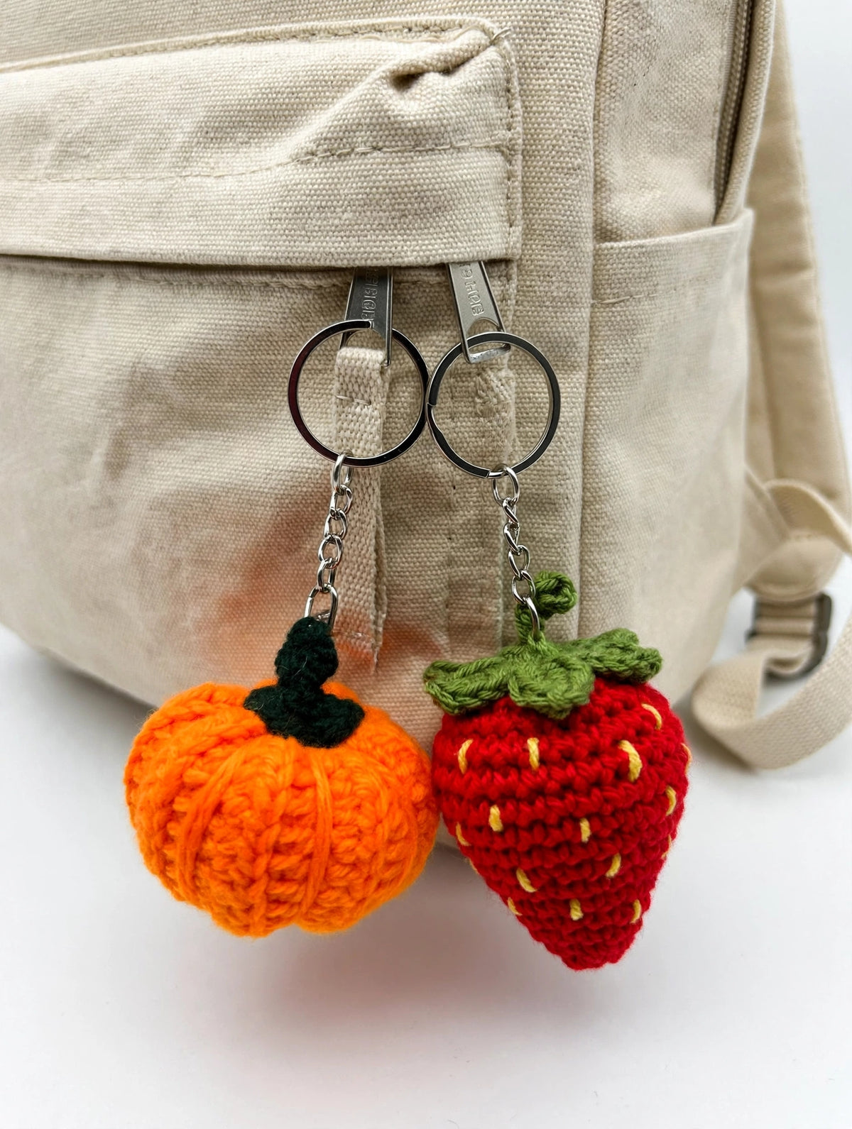 Handmade Pumpkin & Strawberry Crochet Keychain Set – Cute Fruit Bag Charms