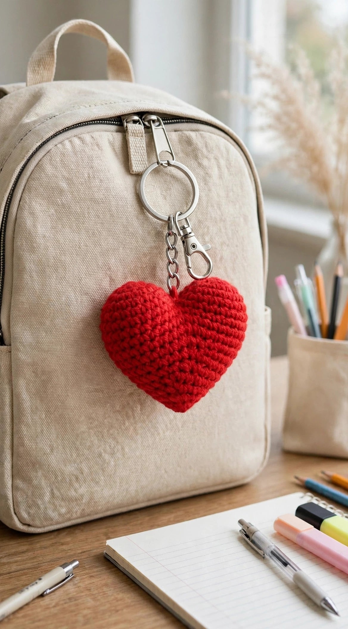 Handmade Red Heart Crochet Keychain – Cute 3D Heart Bag Charm for Women