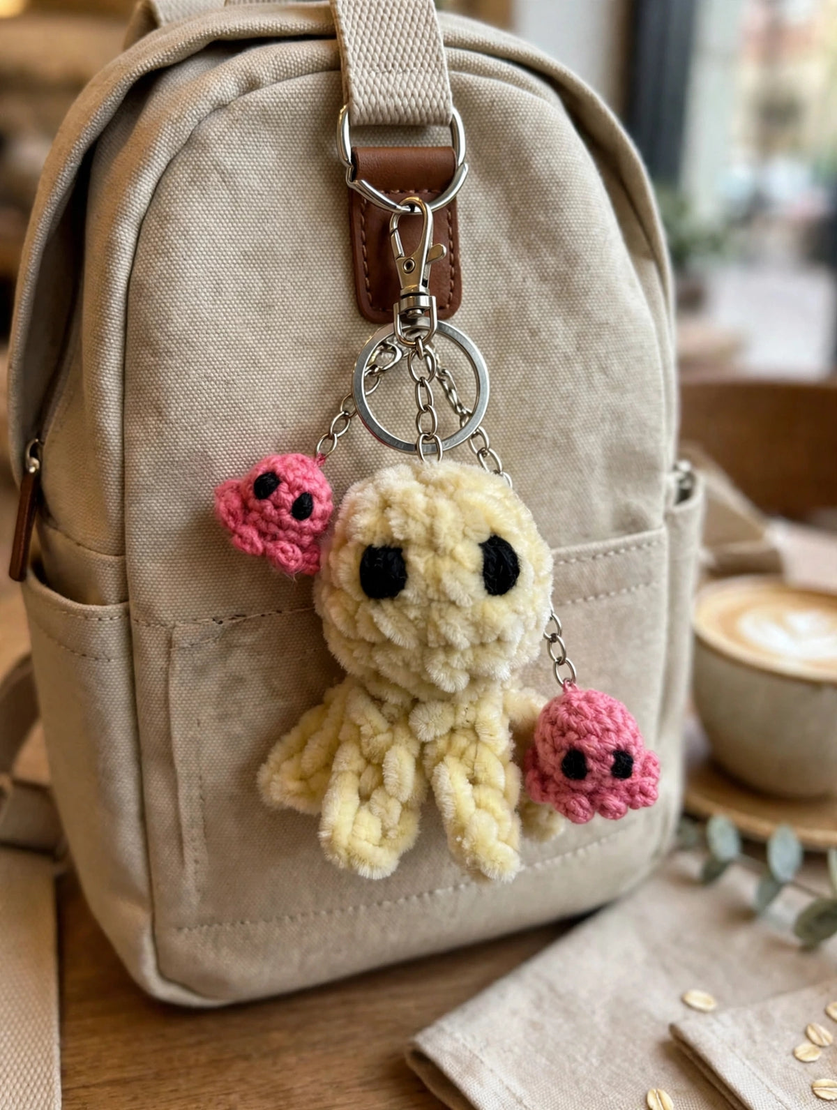 Handmade Cute Octopus Crochet Keychain – Plush Octopus with Mini Pink Charms | Kawaii Bag Accessory
