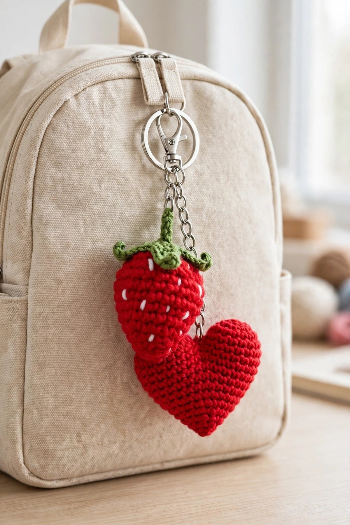 Handmade Strawberry & Heart Crochet Keychain – Cute Couple Bag Charm