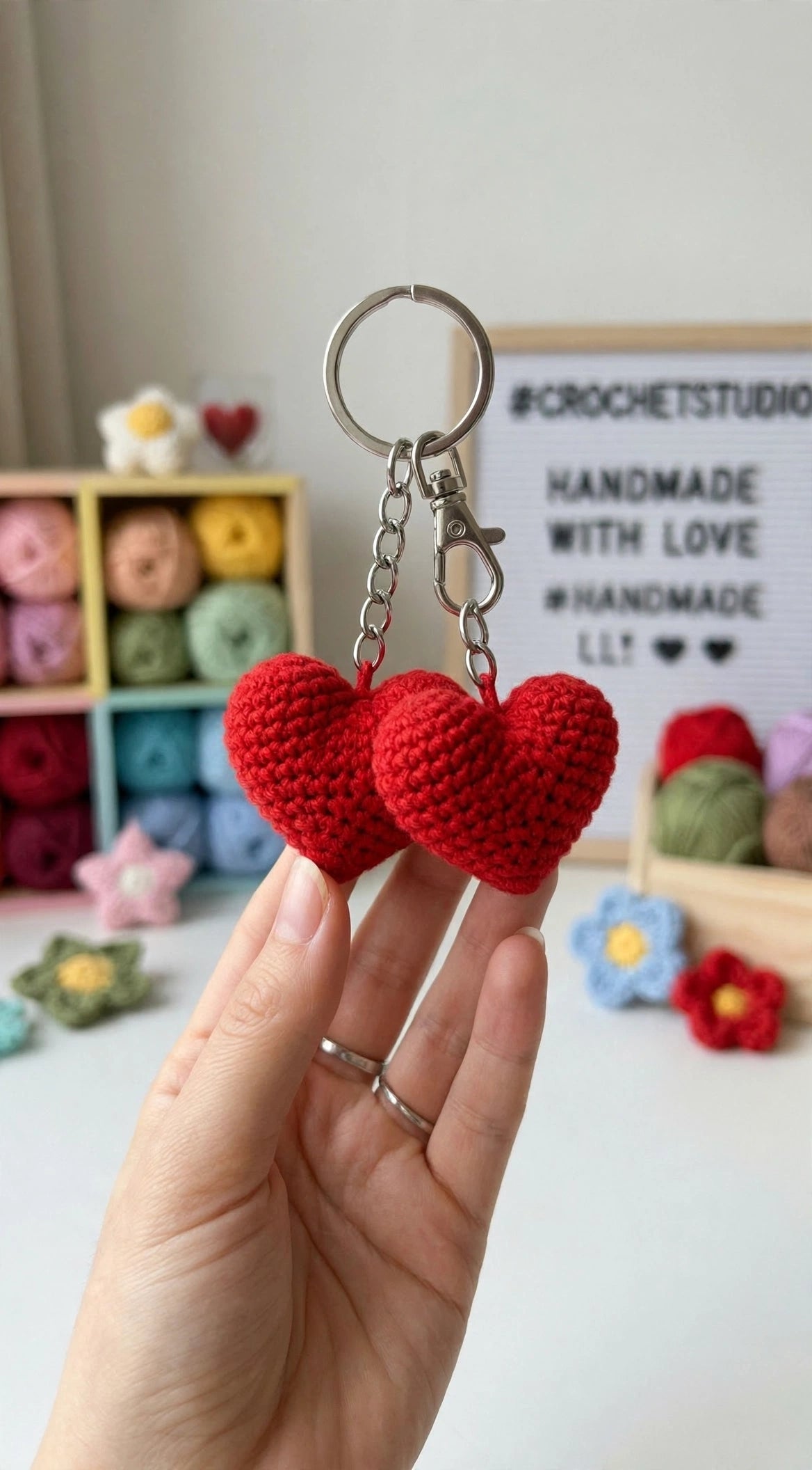Handmade Double Heart Crochet Keychain – Cute Red Heart Bag Charm for Women