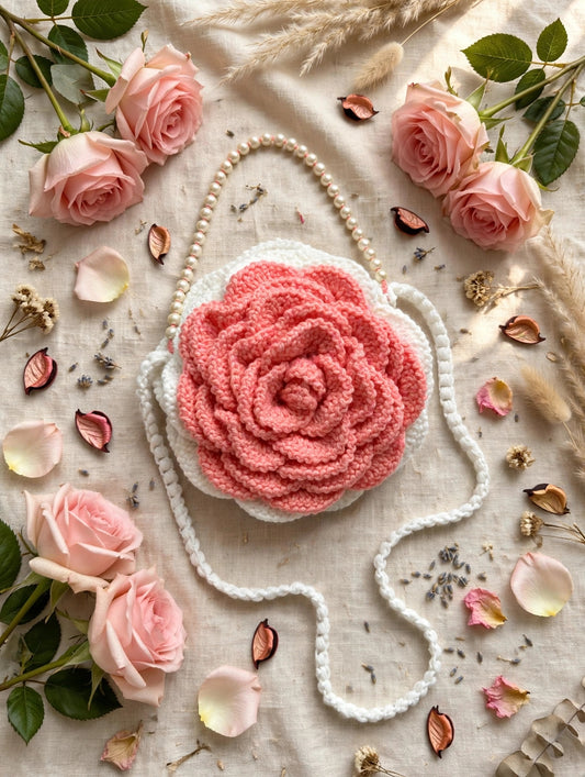 Handmade Pink Rose Crochet  Bag – 8 Inch | Floral Pearl Handle Handbag for Women