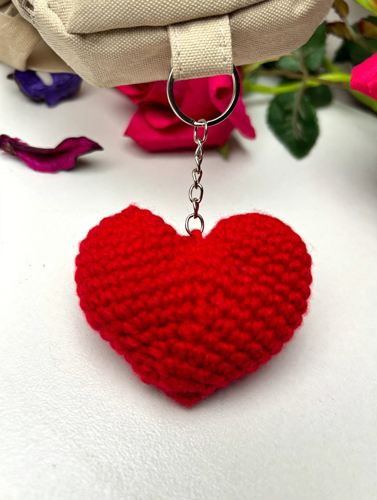Handmade Red Heart Crochet Keychain – Cute 3D Heart Bag Charm for Women