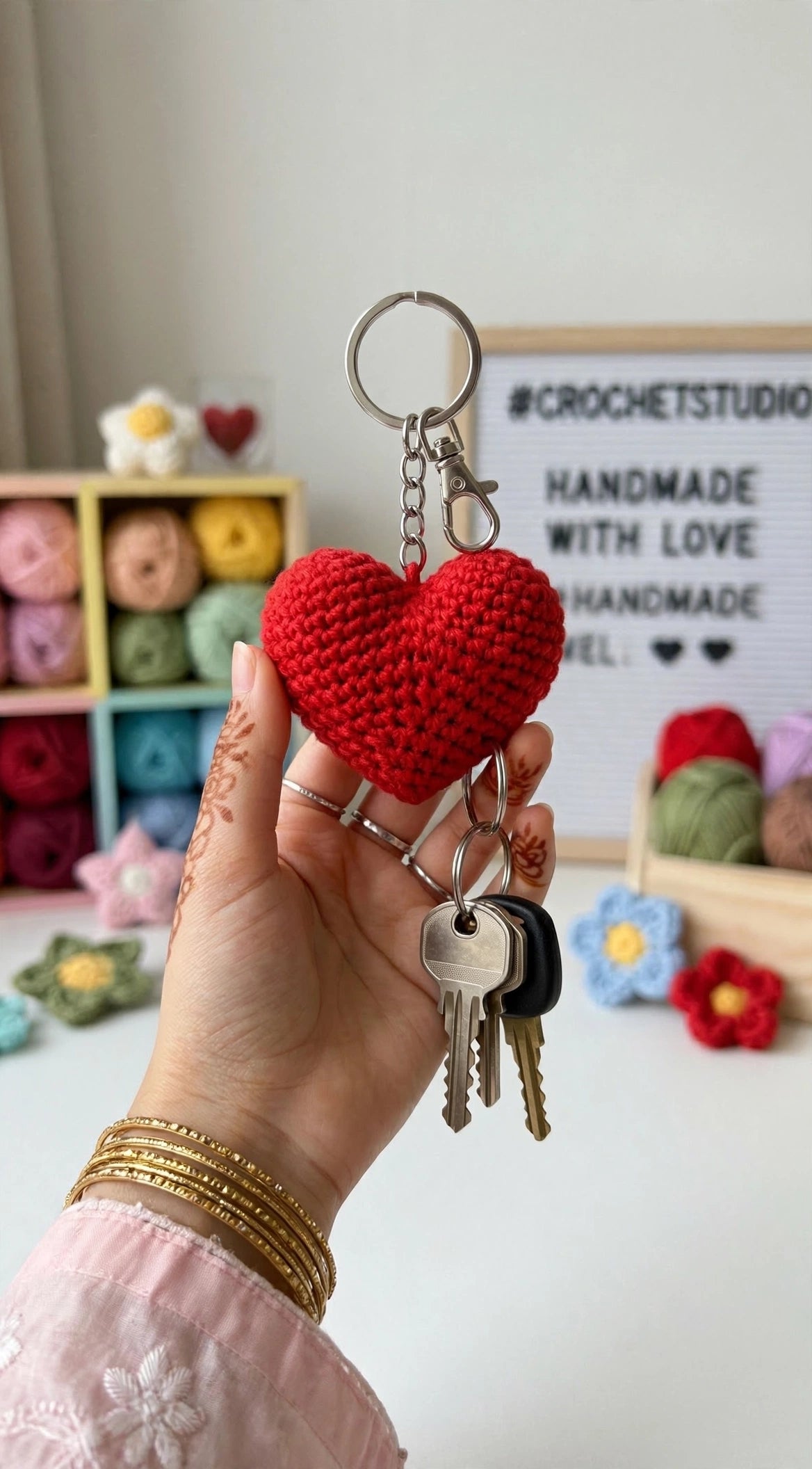 Handmade Red Heart Crochet Keychain – Cute 3D Heart Bag Charm for Women