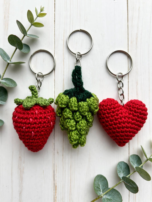 Handmade Crochet Keychains – Strawberry, Grapes & Heart | Cute Bag Charms