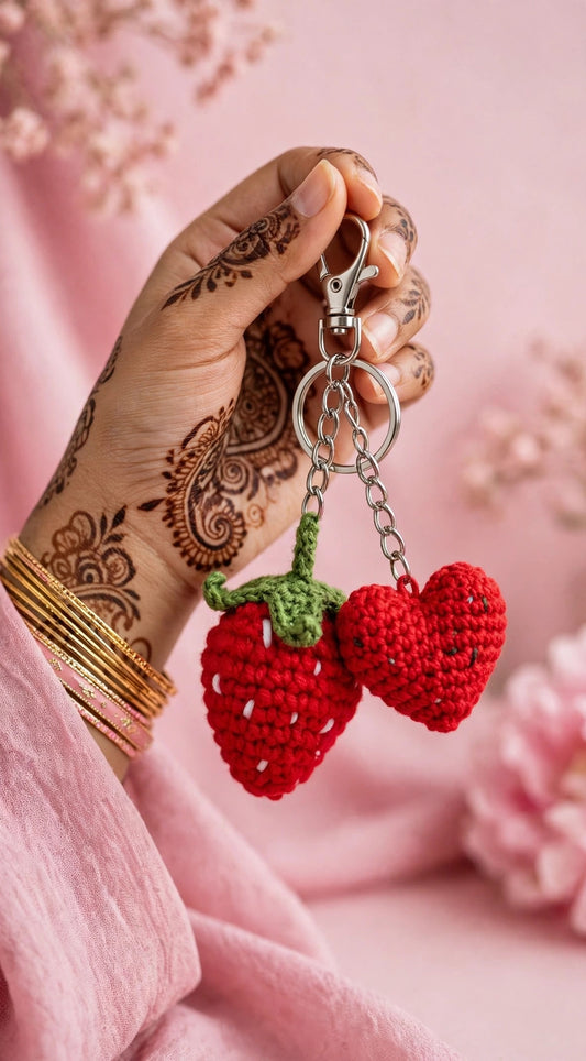 Handmade Strawberry & Heart Crochet Keychain – Cute Couple Bag Charm