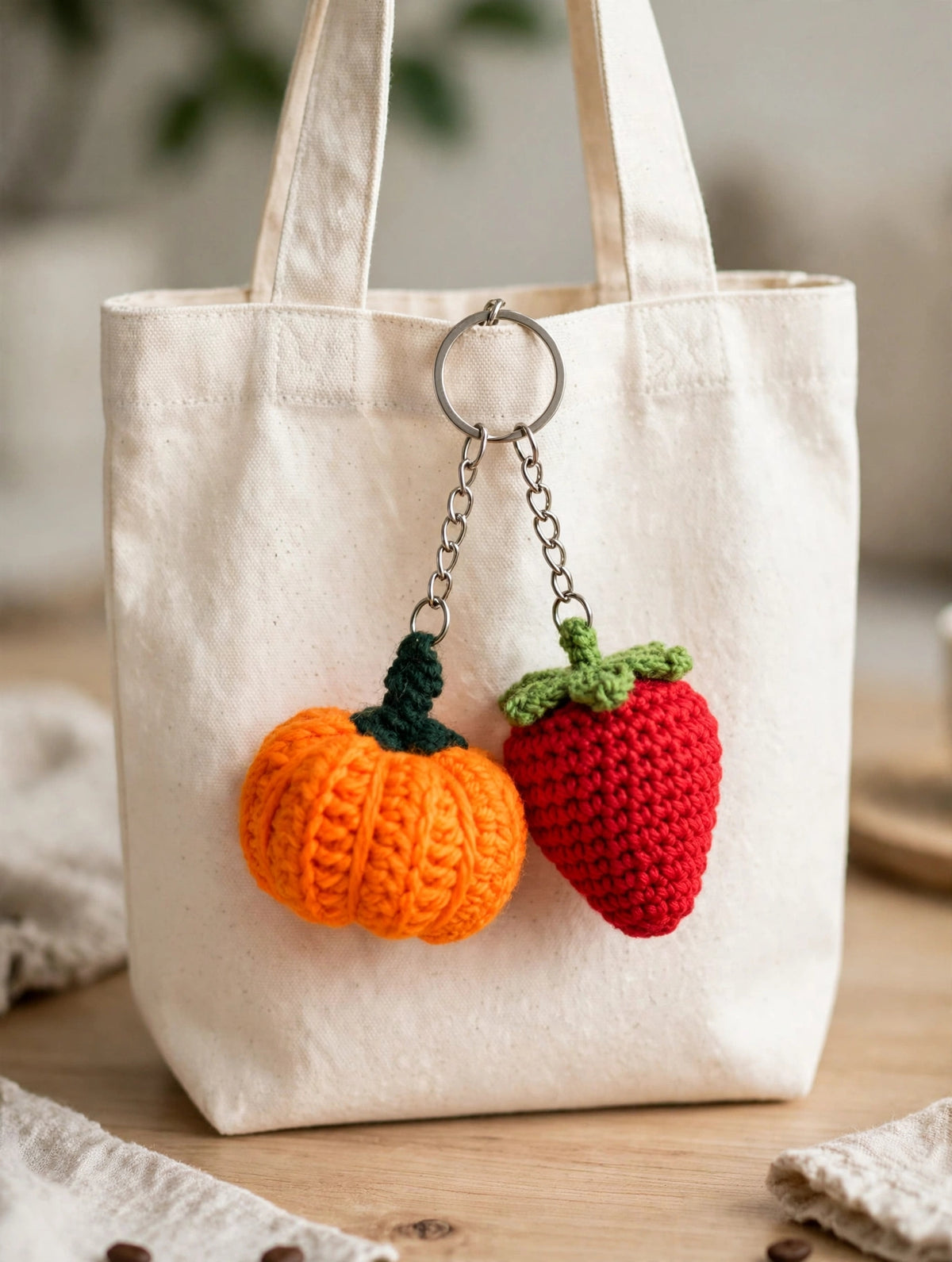 Handmade Pumpkin & Strawberry Crochet Keychain Set – Cute Fruit Bag Charms